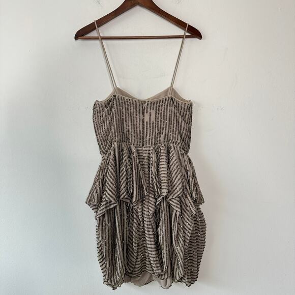 French Connection Samara Dress Women 6 Tan Sequin Bubble Hem Cocktail Elegant - Picture 3 of 11